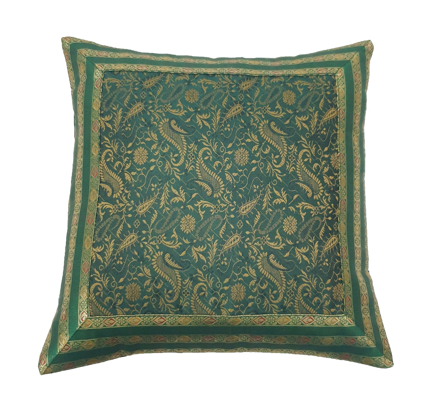Banarasi Cushion Covers 16x16 Inch Bottle Green Woven Zari Brocade Silk Paisley