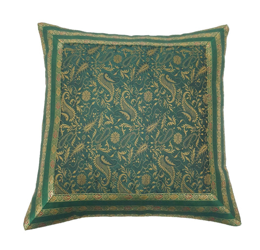 Banarasi Cushion Covers 16x16 Inch Bottle Green Woven Zari Brocade Silk Paisley