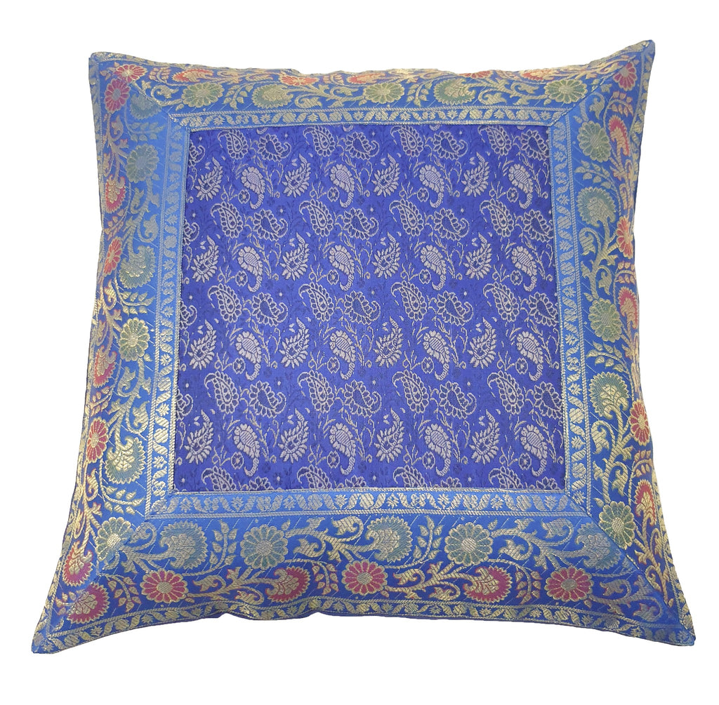 Banarasi Cushion Covers 16x16 Inch Blue Indian Woven Zari Brocade Silk Paisley