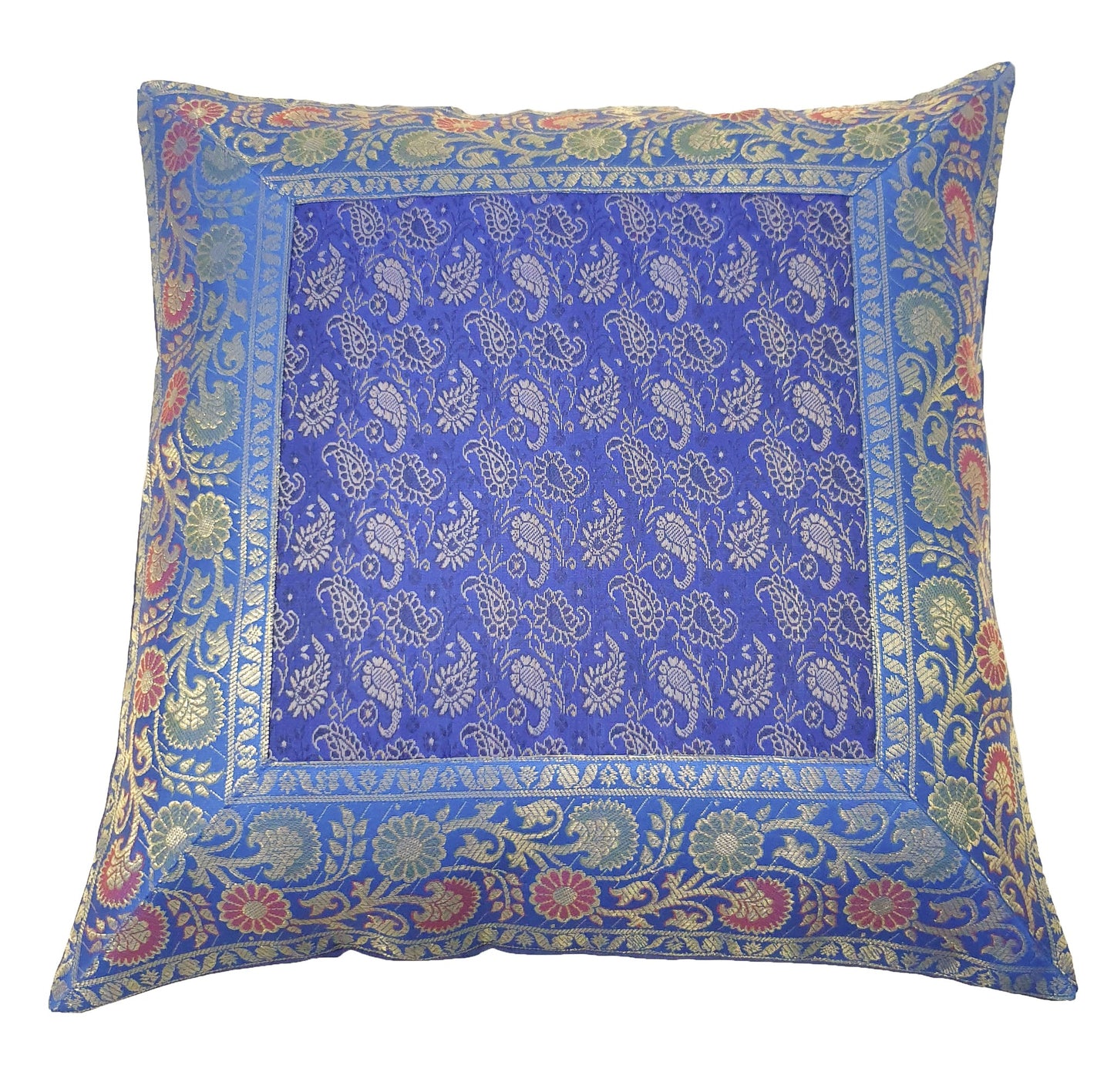 Banarasi Cushion Covers 16x16 Inch Blue Indian Woven Zari Brocade Silk Paisley