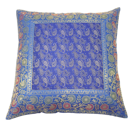 Banarasi Cushion Covers 16x16 Inch Blue Indian Woven Zari Brocade Silk Paisley