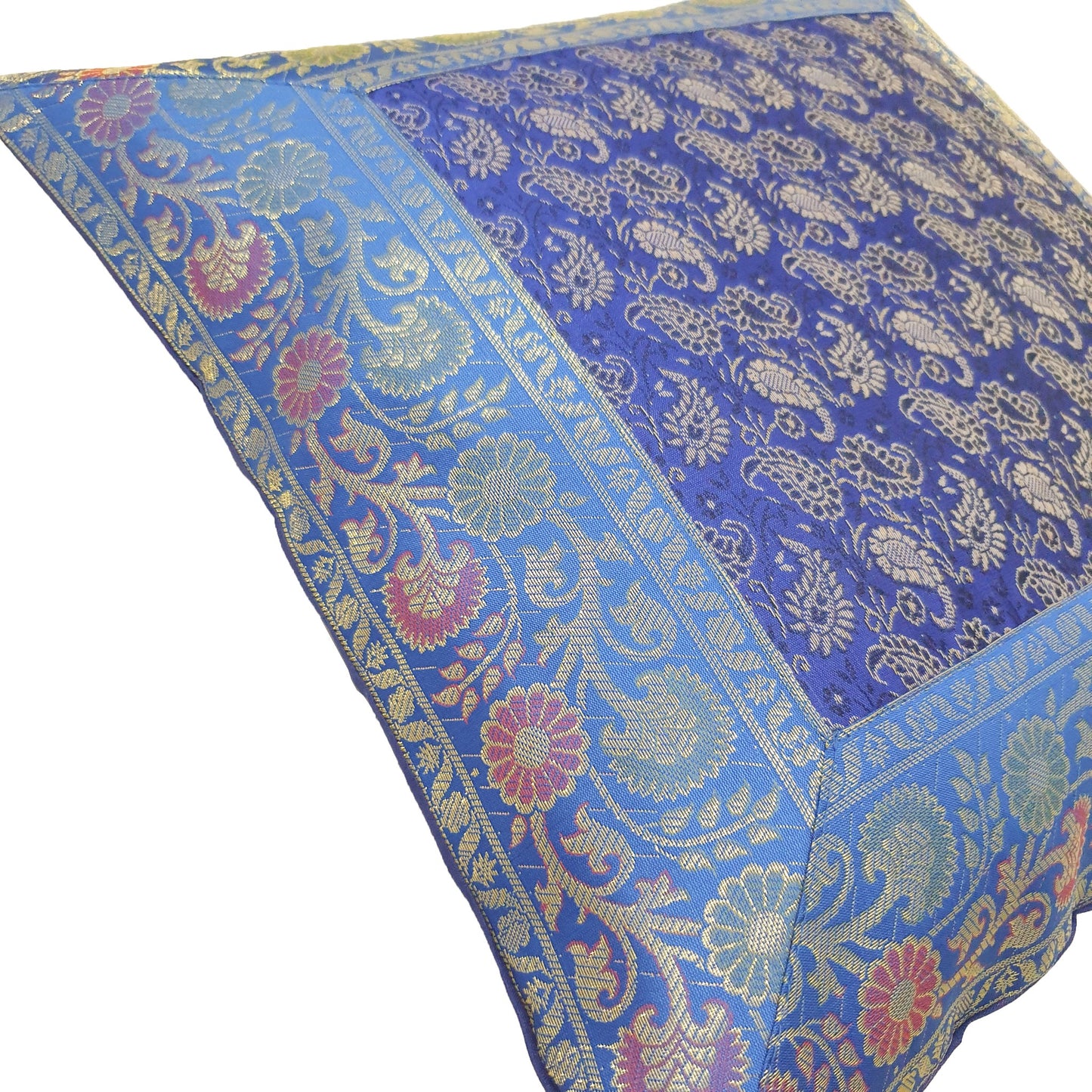 Banarasi Cushion Covers 16x16 Inch Blue Indian Woven Zari Brocade Silk Paisley