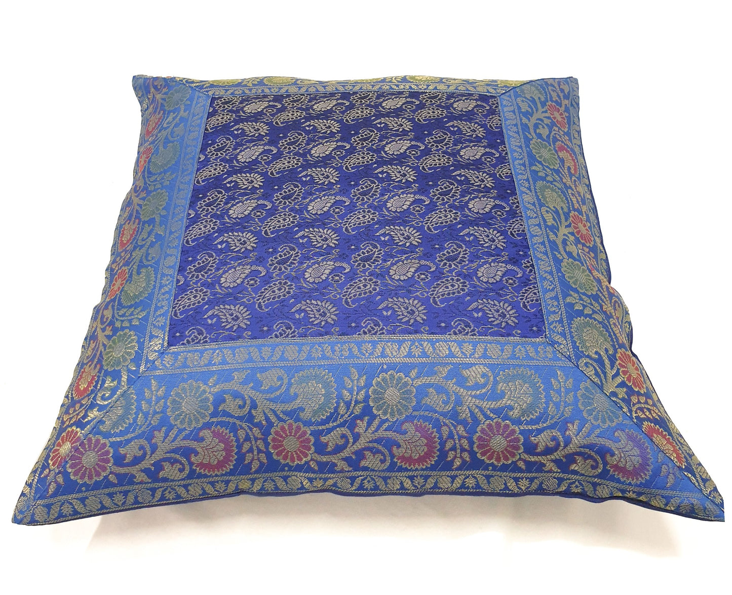 Banarasi Cushion Covers 16x16 Inch Blue Indian Woven Zari Brocade Silk Paisley