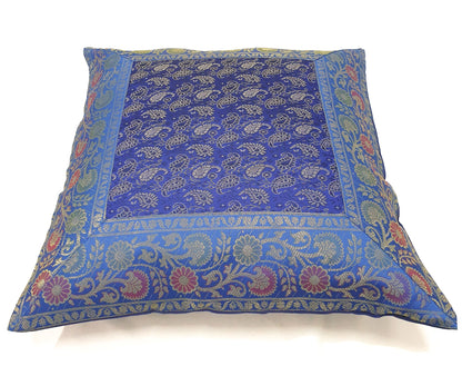 Banarasi Cushion Covers 16x16 Inch Blue Indian Woven Zari Brocade Silk Paisley