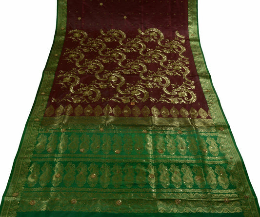 Bollywood Saree Hand Beaded Embroiderd Zari Woven Banarasi Sari Garnet