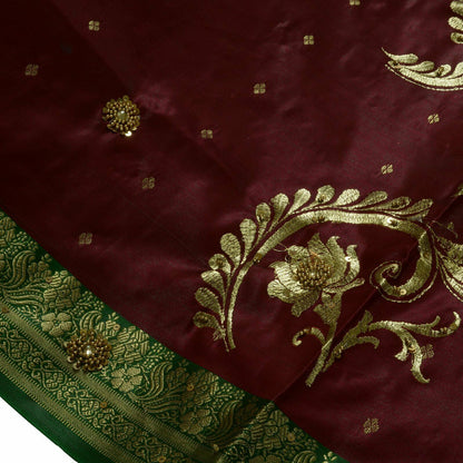 Bollywood Saree Hand Beaded Embroiderd Zari Woven Banarasi Sari Garnet