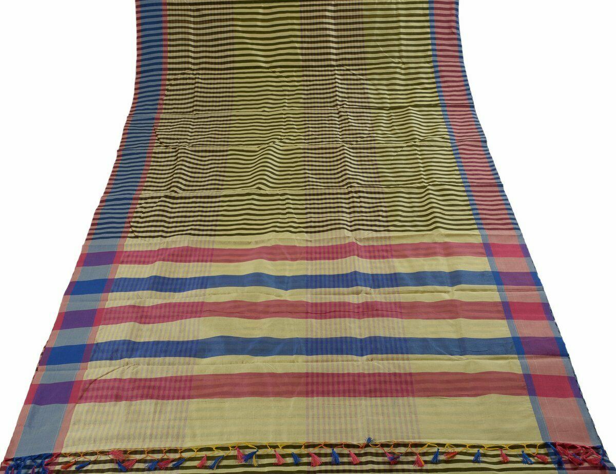 Woven Check Pattern Indian Ethnic Cotton Blend Saree Sari Fabric Black & Cream