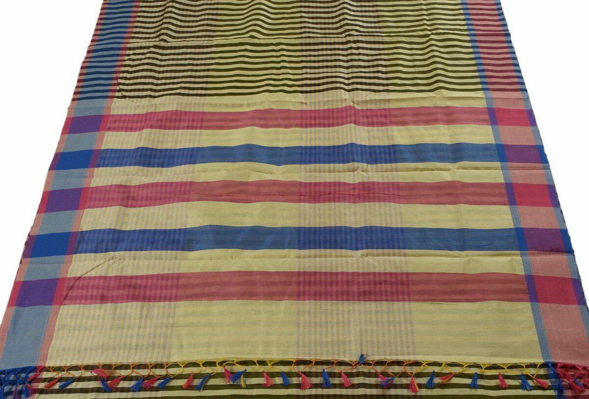 Woven Check Pattern Indian Ethnic Cotton Blend Saree Sari Fabric Black & Cream