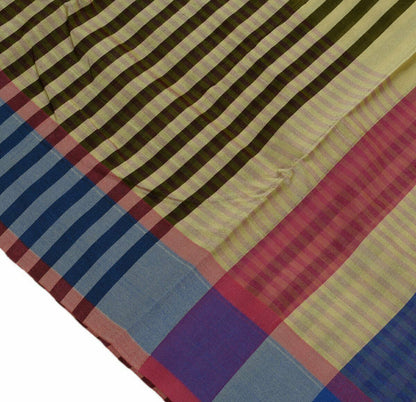 Woven Check Pattern Indian Ethnic Cotton Blend Saree Sari Fabric Black & Cream