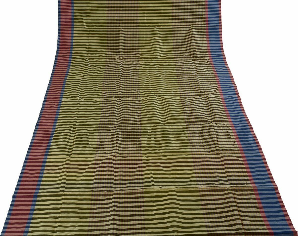 Woven Check Pattern Indian Ethnic Cotton Blend Saree Sari Fabric Black & Cream