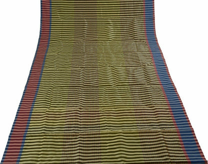 Woven Check Pattern Indian Ethnic Cotton Blend Saree Sari Fabric Black & Cream