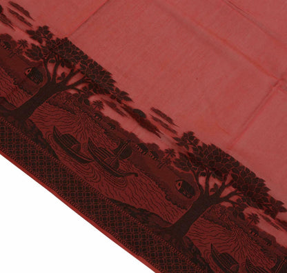 Woven Cotton Blend Indian Long Stole Banaras Ganga Ghat Dupatta Deep Red