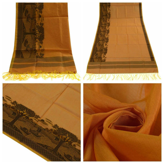 Woven Cotton Blend Indian Long Stole Banaras Ganga Ghat Dupatta Deep Mustard