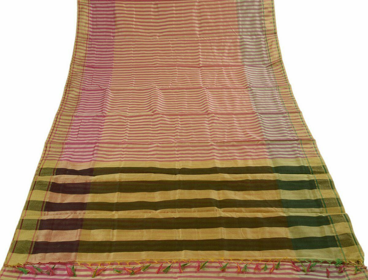 Woven Check Pattern Indian Ethnic Cotton Blend Saree Sari Fabric Pink & Cream