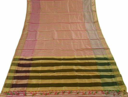 Woven Check Pattern Indian Ethnic Cotton Blend Saree Sari Fabric Pink & Cream
