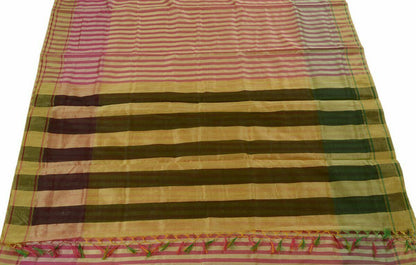 Woven Check Pattern Indian Ethnic Cotton Blend Saree Sari Fabric Pink & Cream
