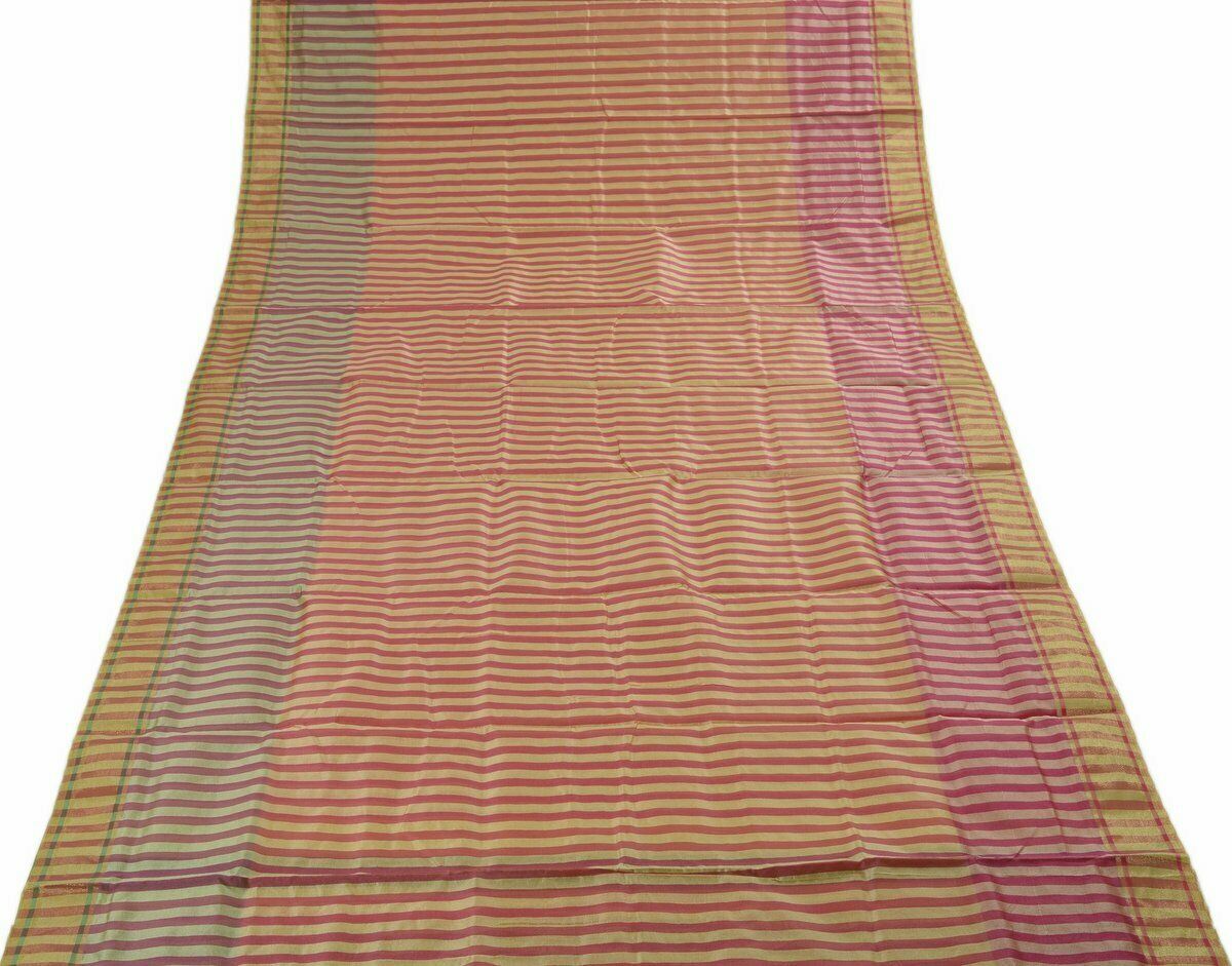 Woven Check Pattern Indian Ethnic Cotton Blend Saree Sari Fabric Pink & Cream