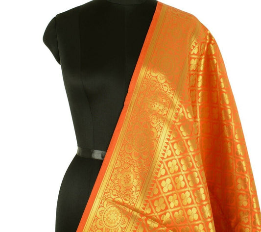 Indian Art Silk Woven Zari Brocade Long Stole Banarasi Dupatta Shawl Orange