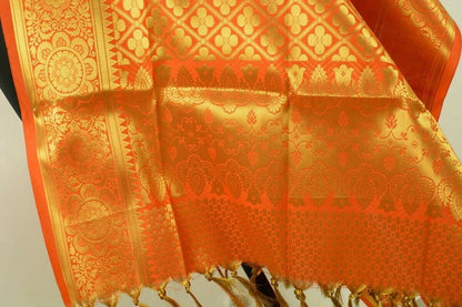 Indian Art Silk Woven Zari Brocade Long Stole Banarasi Dupatta Shawl Orange