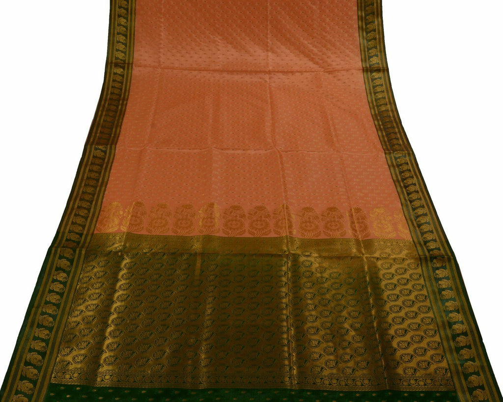 Indian Art Silk Sari Woven Zari & Self Brocade Wedding Saree Fabric Orangish Pea