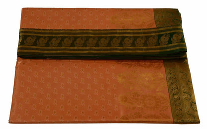 Indian Art Silk Sari Woven Zari & Self Brocade Wedding Saree Fabric Orangish Pea