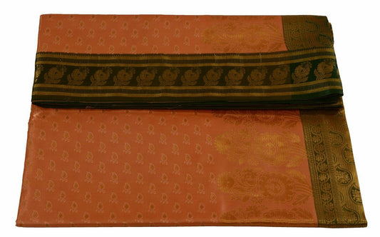 Indian Art Silk Sari Woven Zari & Self Brocade Wedding Saree Fabric Orangish Pea