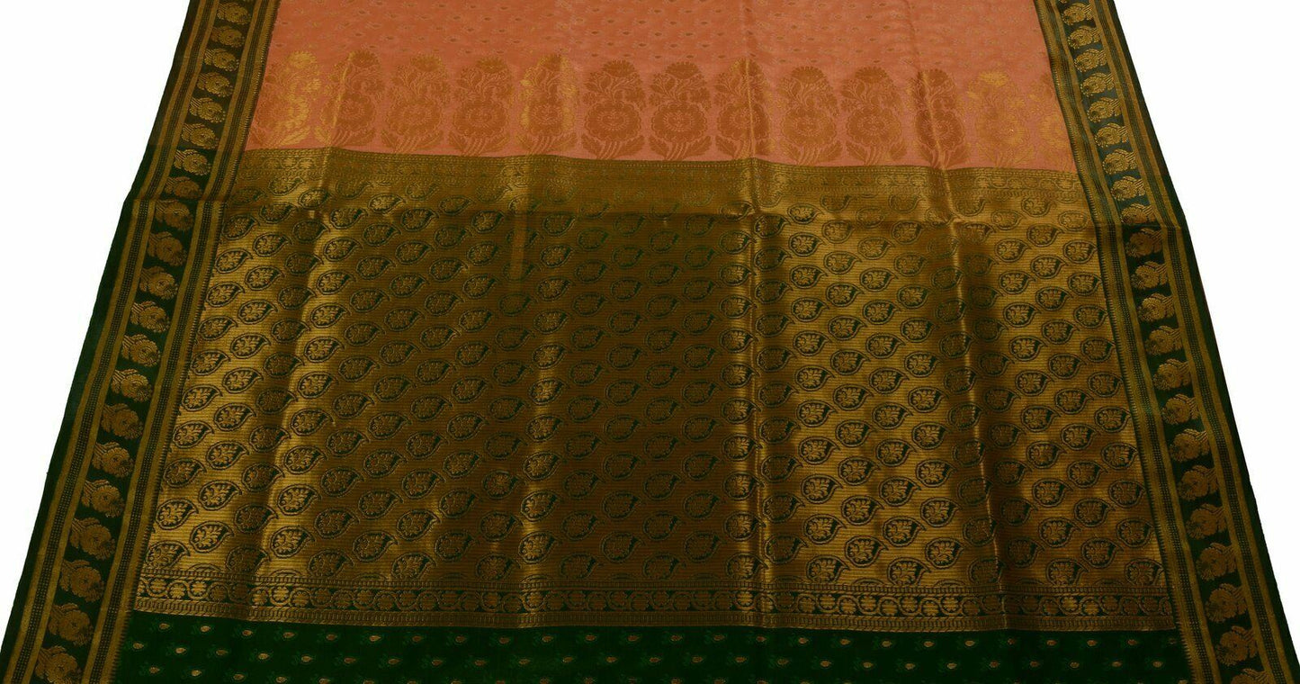 Indian Art Silk Sari Woven Zari & Self Brocade Wedding Saree Fabric Orangish Pea