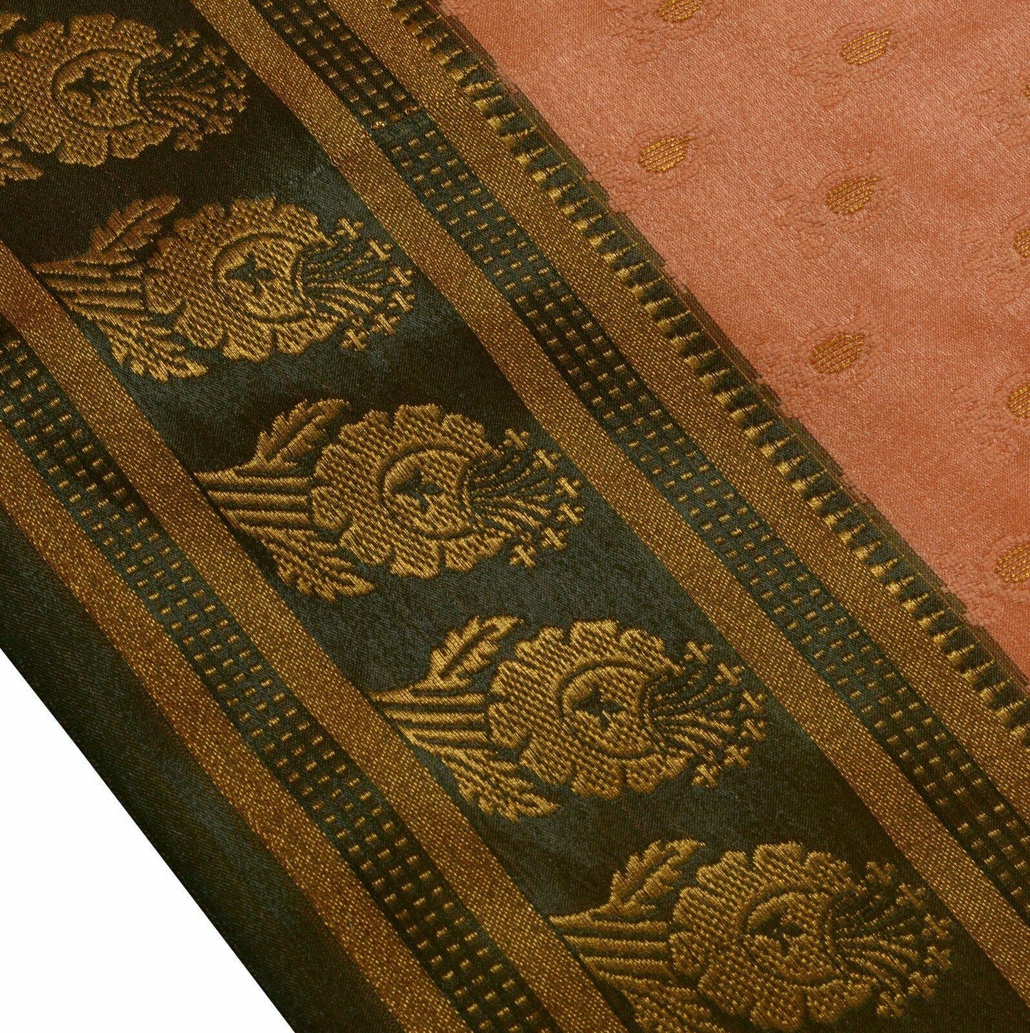 Indian Art Silk Sari Woven Zari & Self Brocade Wedding Saree Fabric Orangish Pea