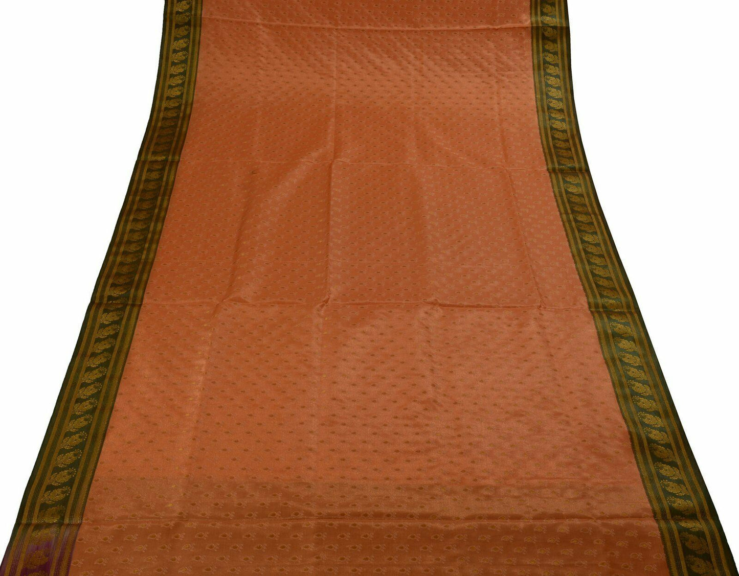Indian Art Silk Sari Woven Zari & Self Brocade Wedding Saree Fabric Orangish Pea