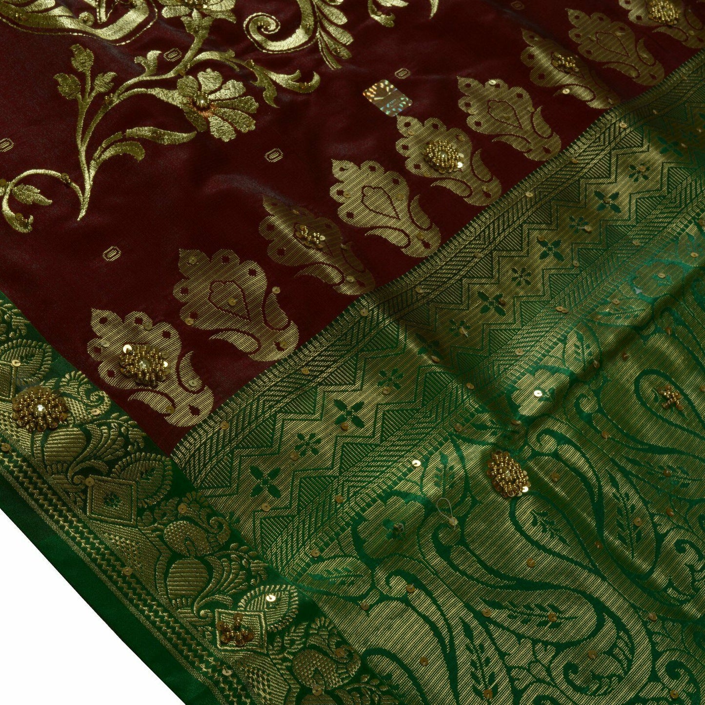 Bollywood Saree Hand Beaded Embroiderd Zari Woven Banarasi Sari Garnet