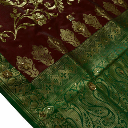 Bollywood Saree Hand Beaded Embroiderd Zari Woven Banarasi Sari Garnet