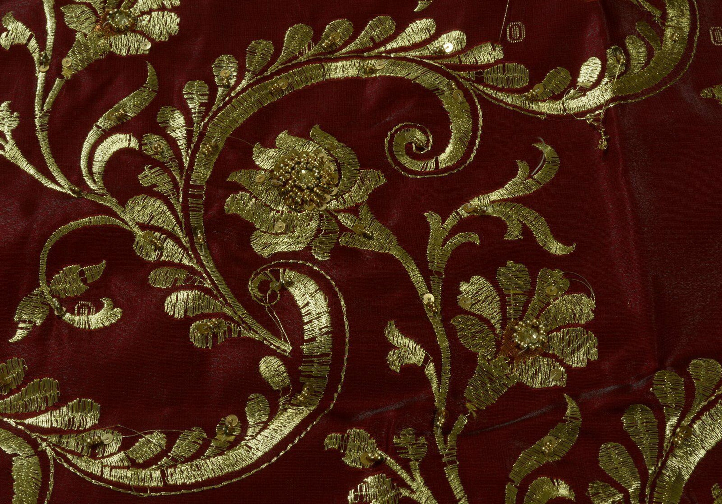 Bollywood Saree Hand Beaded Embroiderd Zari Woven Banarasi Sari Garnet