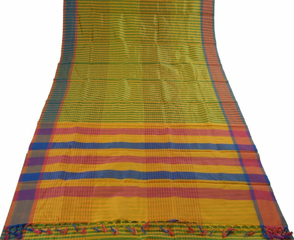 Woven Check Pattern Indian Ethnic Cotton Blend Saree Sari Fabric Saffron & Green