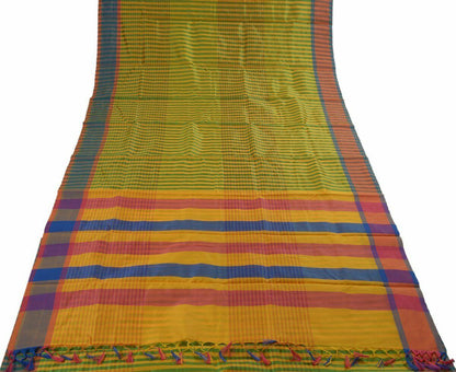 Woven Check Pattern Indian Ethnic Cotton Blend Saree Sari Fabric Saffron & Green