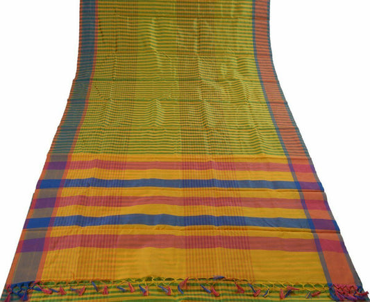 Woven Check Pattern Indian Ethnic Cotton Blend Saree Sari Fabric Saffron & Green