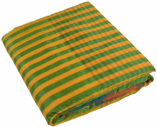 Woven Check Pattern Indian Ethnic Cotton Blend Saree Sari Fabric Saffron & Green