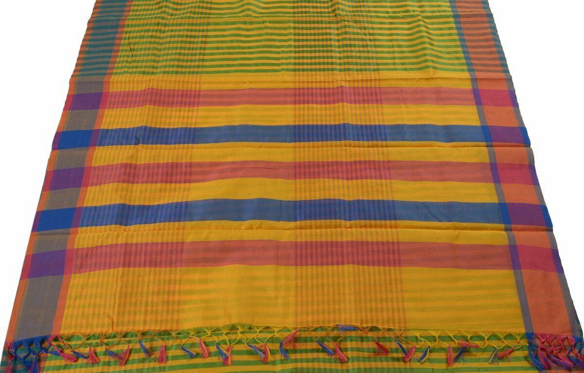 Woven Check Pattern Indian Ethnic Cotton Blend Saree Sari Fabric Saffron & Green