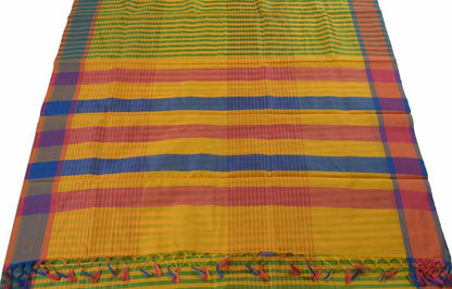 Woven Check Pattern Indian Ethnic Cotton Blend Saree Sari Fabric Saffron & Green