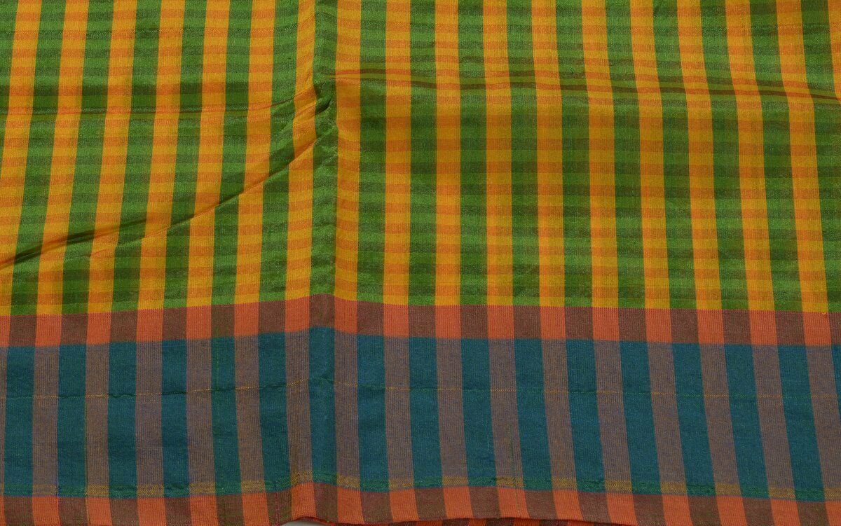 Woven Check Pattern Indian Ethnic Cotton Blend Saree Sari Fabric Saffron & Green