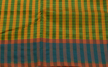 Woven Check Pattern Indian Ethnic Cotton Blend Saree Sari Fabric Saffron & Green