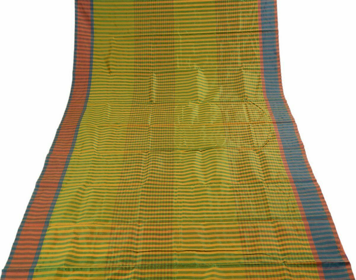 Woven Check Pattern Indian Ethnic Cotton Blend Saree Sari Fabric Saffron & Green