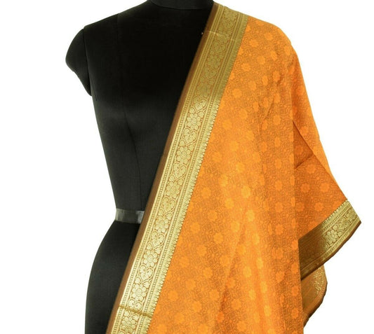 Orange Banarasi Silk Stole Woven Silk Brocade Tanchoi Zaal Zari Border Wrap