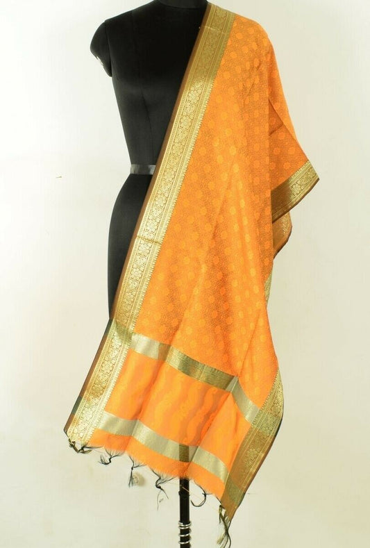 Orange Banarasi Silk Stole Woven Silk Brocade Tanchoi Zaal Zari Border Wrap