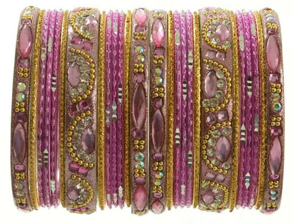 Indian Bangles Set of 26 Ethnic Bracelets Bridal Churi Kangan Pink Golden 2-8
