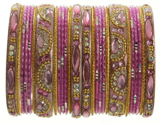 Indian Bangles Set of 26 Ethnic Bracelets Bridal Churi Kangan Pink Golden 2-8