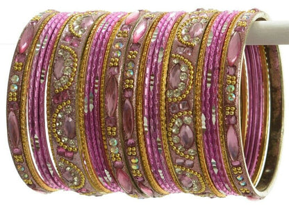 Indian Bangles Set of 26 Ethnic Bracelets Bridal Churi Kangan Pink Golden 2-8