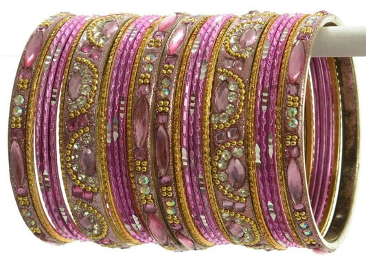Indian Bangles Set of 26 Ethnic Bracelets Bridal Churi Kangan Pink Golden 2-8