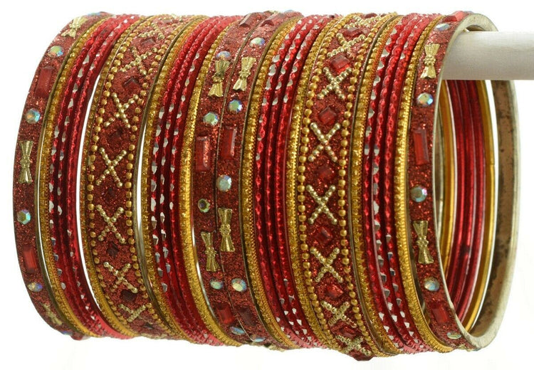 Indian Bangles Set of 26 Ethnic Bracelets Traditional Churi Kangan Red 2-8