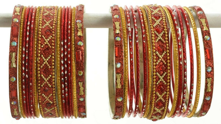 Indian Bangles Set of 26 Ethnic Bracelets Traditional Churi Kangan Red 2-8