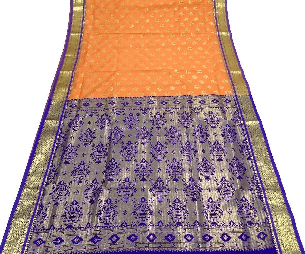 Banarasi Saree Indian Art Silk Woven Zari Brocade Sari Fabric Peach